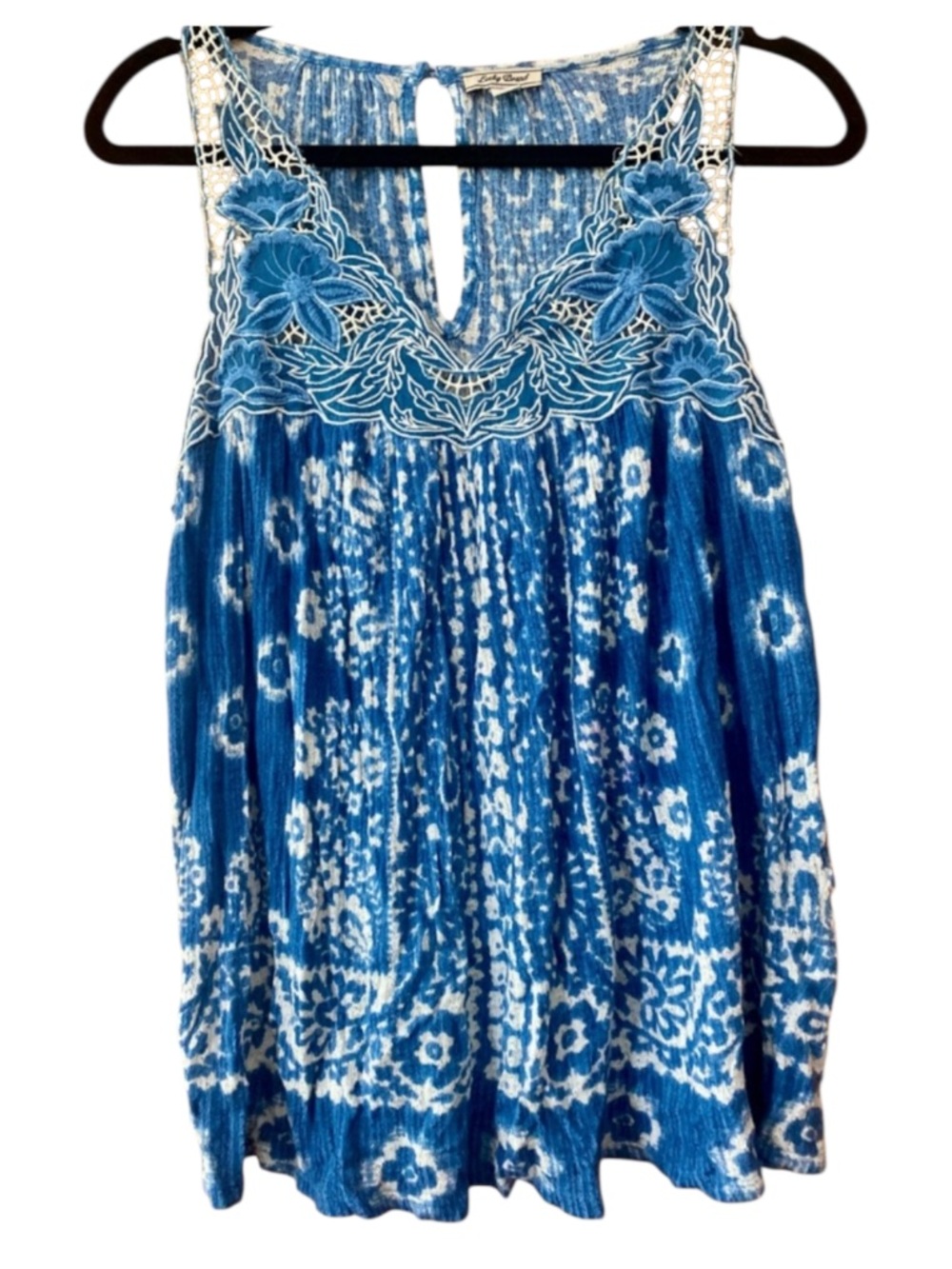 Lucky Brand Blue Boho Tank Embroidered Lace Yoke Linen Blend Size L